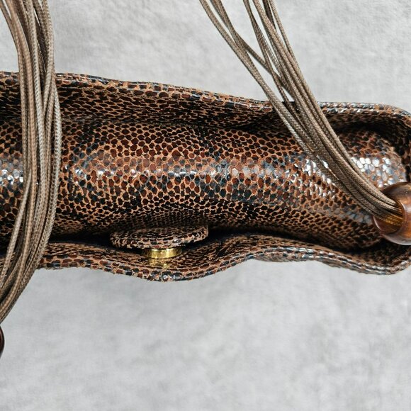 Basix New York Snake Print Textured Leather Shoulder Bag Brown Black Beads Strap - Picture 9 of 14